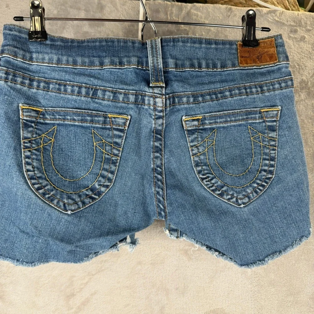True Religion Womens Low Rise Denim Cut Off Shorts Blue Horseshoe‎ Size 29